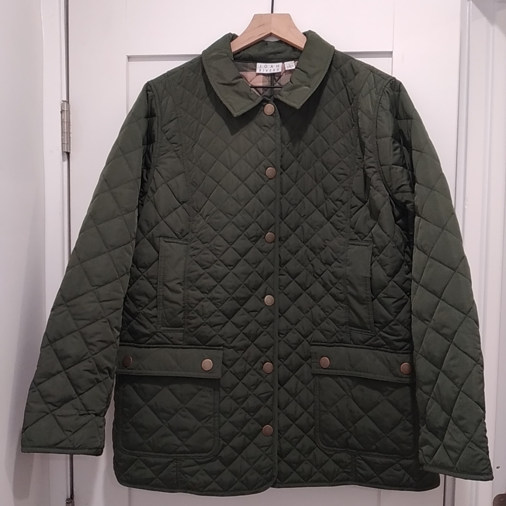 Joan Rivers Quilted Olive Utility Jacket Women's Size Large Barn Chore Lagenlook